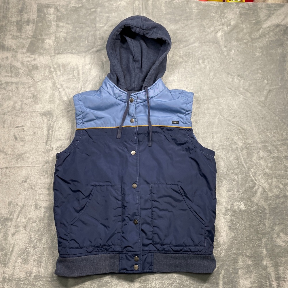 RVCA Hooded Former Colorblock Vest Navy Blue Orange Trim Insulated Puffer Size L